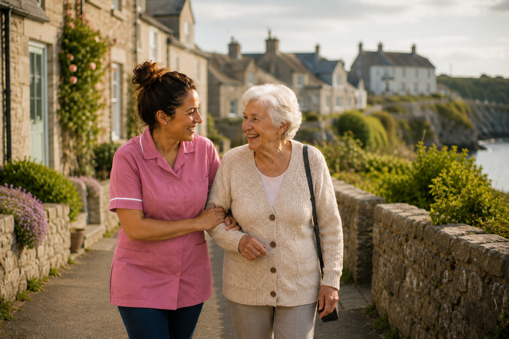 Home helper and client walking together in a coastal Dorset village