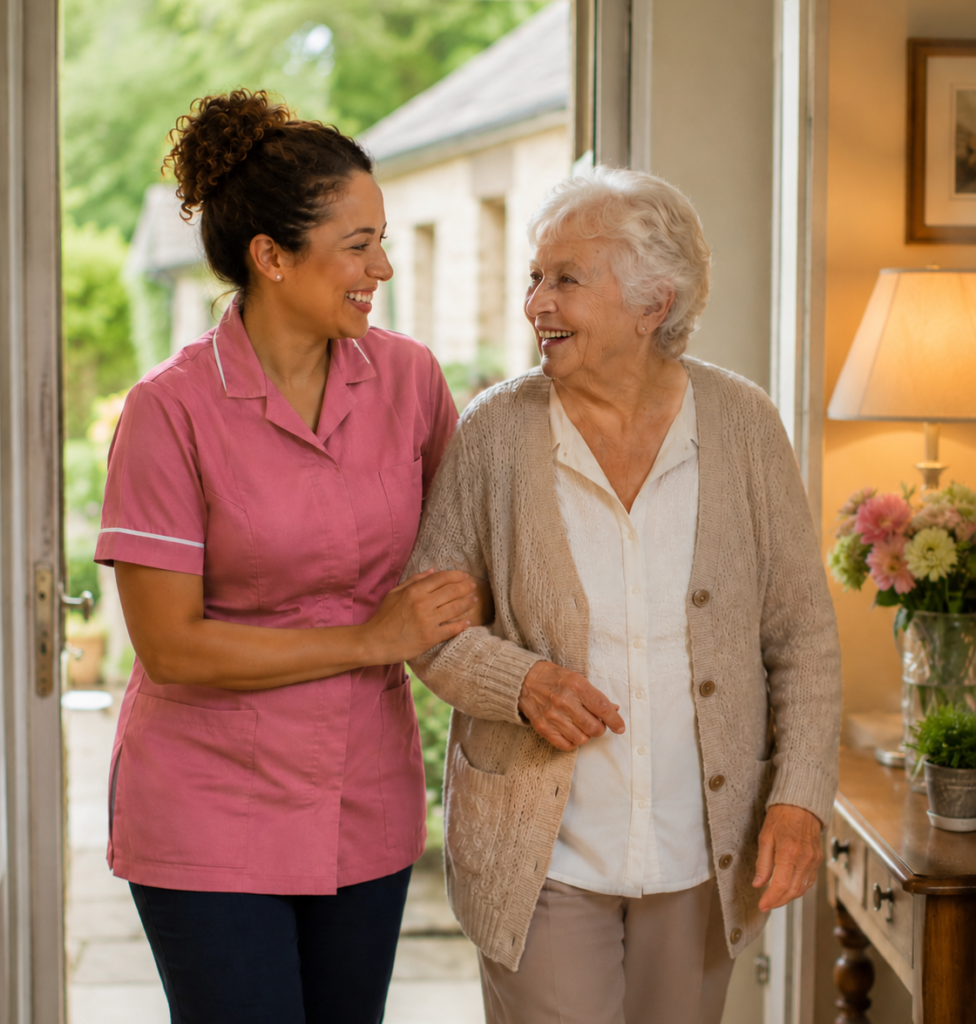 Friendly home helper greeting an elderly client at her front door in Dorset
