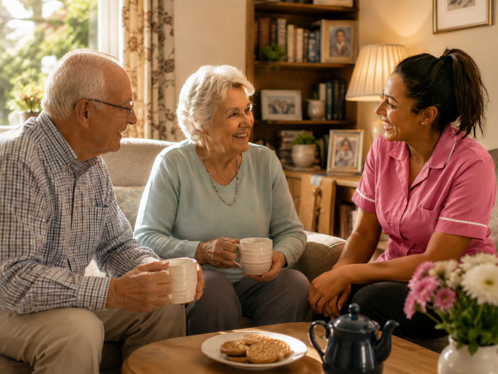 Home helper meeting a client and their partner over tea for a first visit