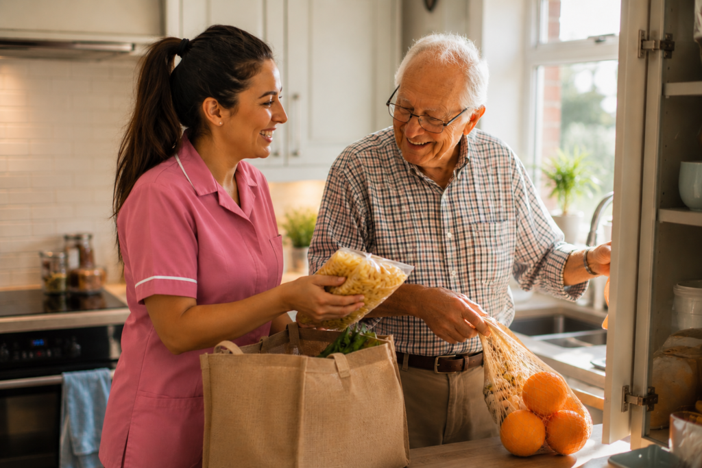 Home helper helping a client unpack groceries in the kitchen