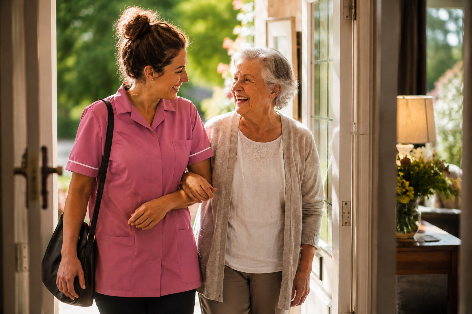 Home helper walking arm in arm with a client at the doorway